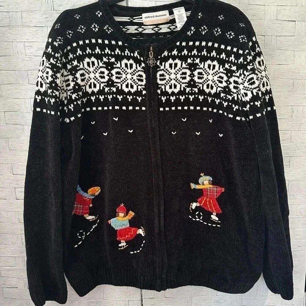 Vintage Alfred Dunner Embroidered Skater Zip Women’s Holiday Cardigan Christmas